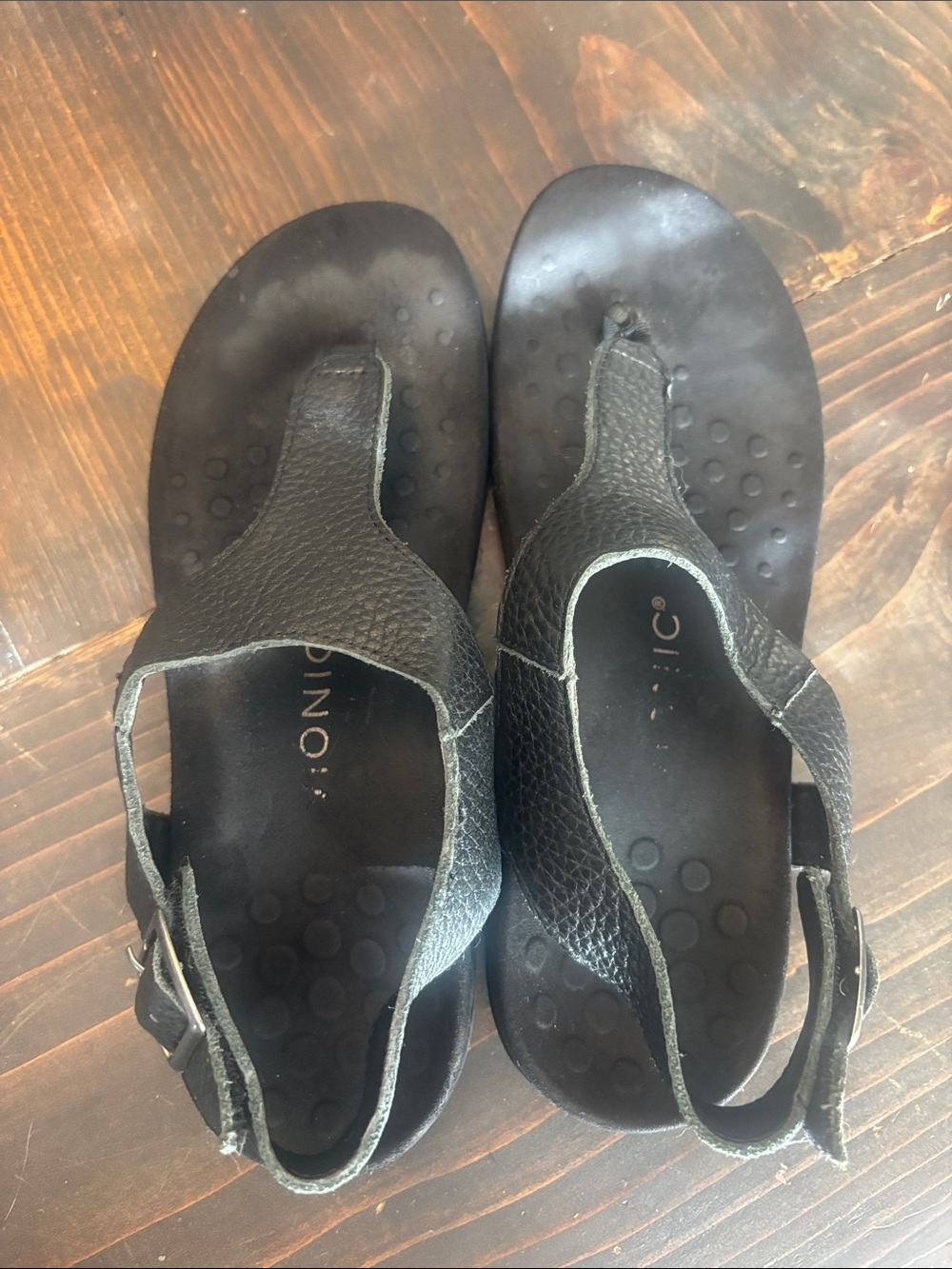 Vionic Black Leather Toe-Post Slingback Sandals